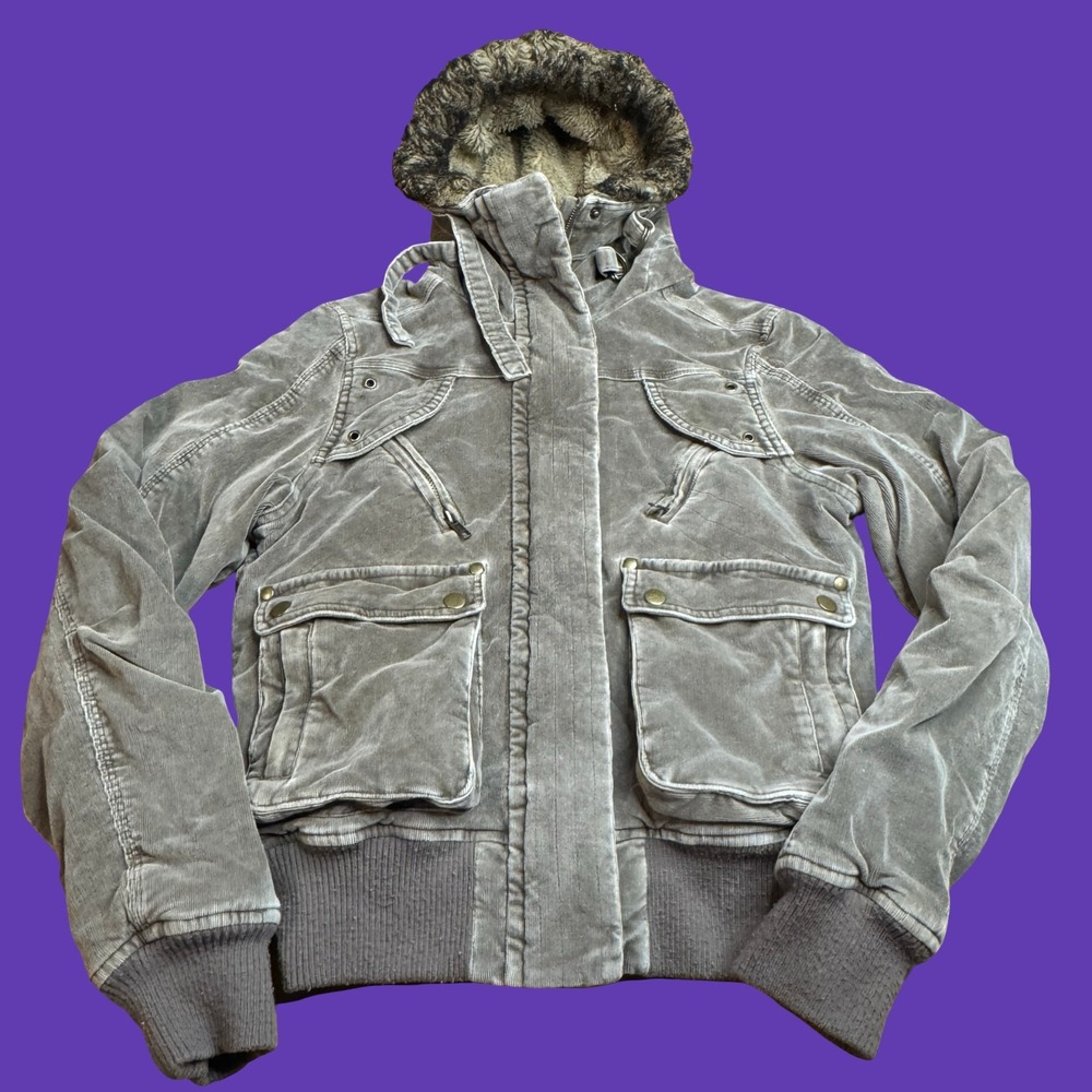 Womens BKE Suede Western Jacket Small Brown Quilted Fur Hood Grunge Y2K *Read*